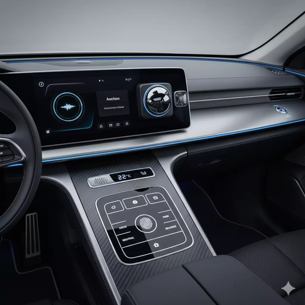 Central control screen, audio system, camera lens, sensor module Temperature sensor, interior keypad, light sensor module 