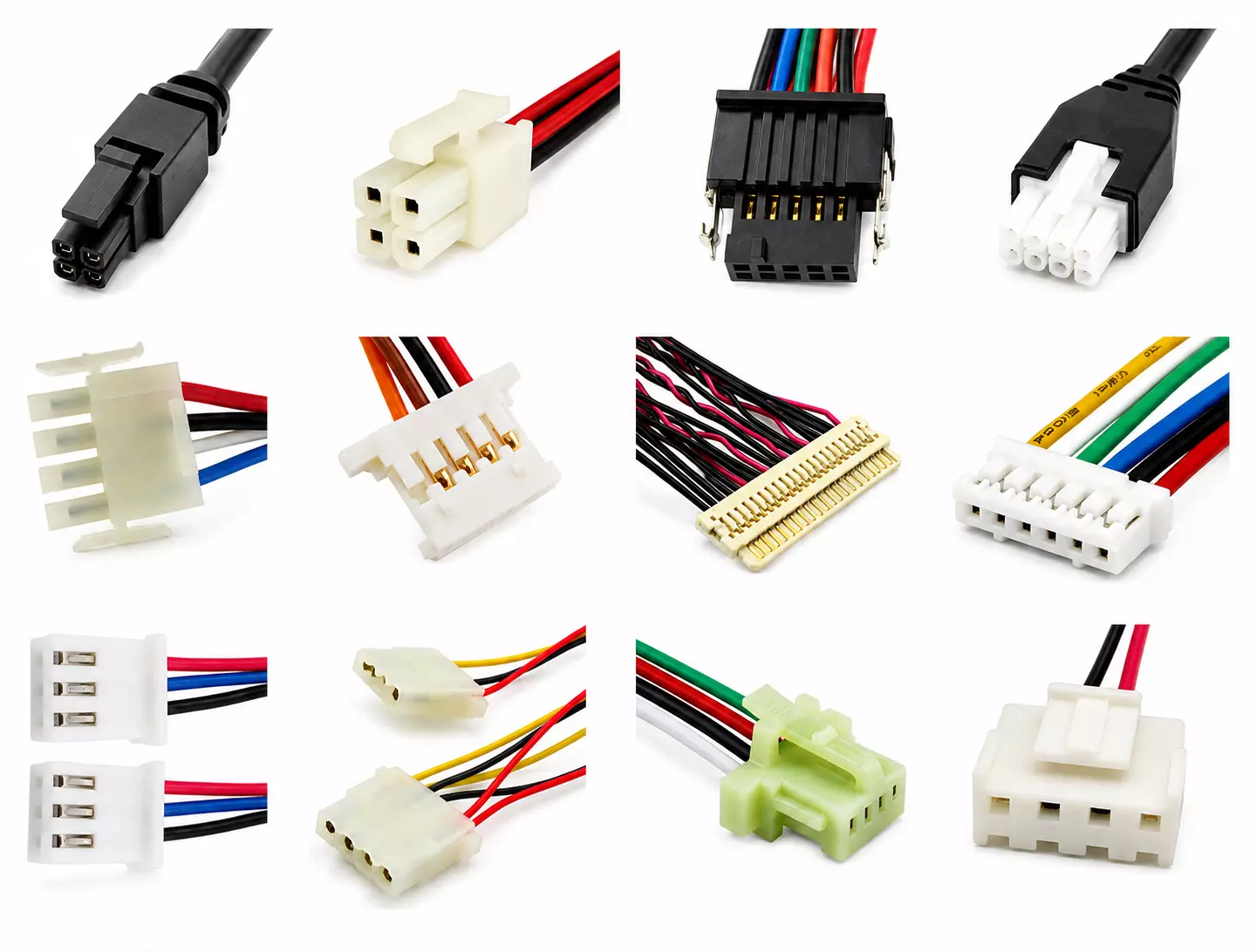 Wire-to-board and wire-to-wire connector housings with crimped cable assemblies in various pitches and pin counts