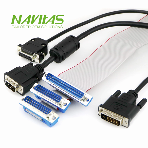 custom D-Sub cable assembly with metal shell connectors and ferrite core EMI suppression