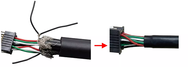 before and after EMI shield grounding process in custom cable assembly