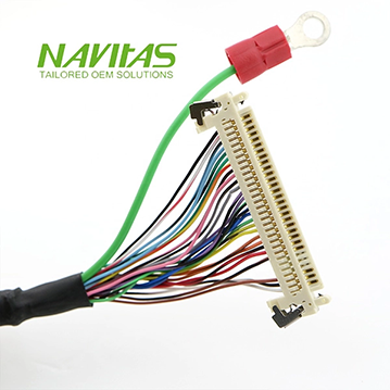 JAE FI connector custom cable assembly with ring terminal grounding solution