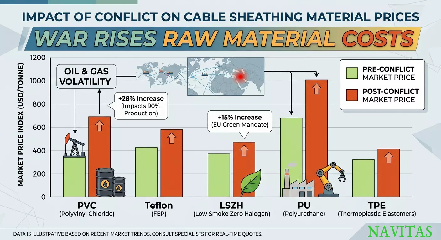 Illustrative cable sheathing material price increase chart for PVC LSZH PU TPE and PTFE under geopolitical conflict pressure