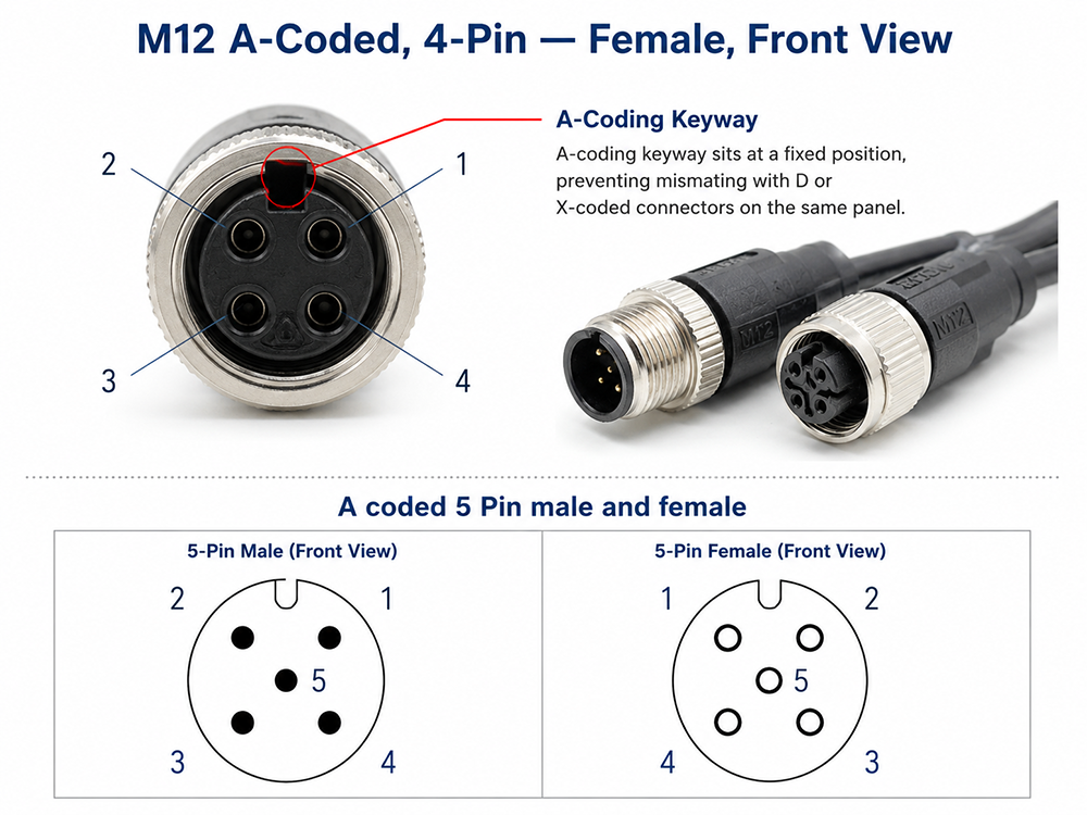 M12 A-Coded keyway with 4-pin female and 5-pin male and female connector layouts