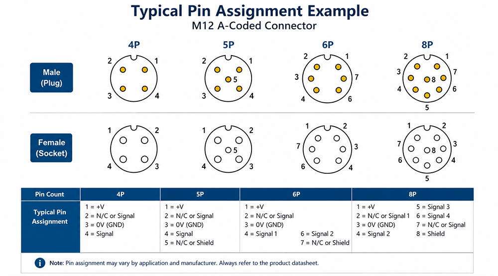 Typical M12 A-Coded 4-pin, 5-pin, 6-pin and 8-pin male and female contact arrangements