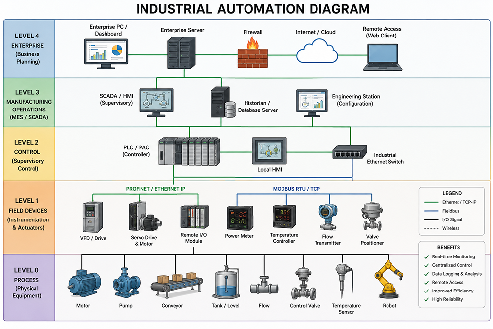 Industrial automation architecture showing M12 connectivity for sensors, actuators, remote I/O and field devices